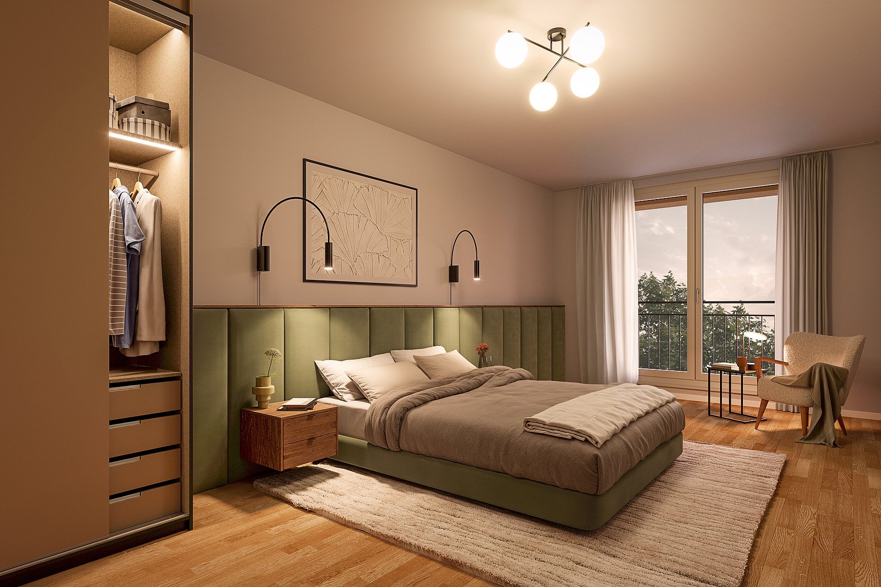 Beispiel Schlafzimmer im 3. Bauabschnitt Visualisierung eines modernen, indirekt beleuchteten Schlafzimmers mit gemütlichem Bett und bodentiefen Fenstern