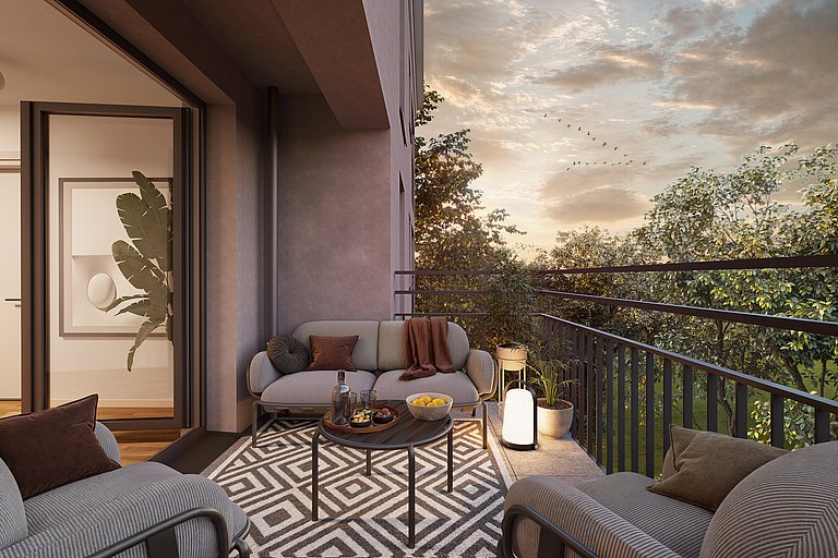 Beispiel Balkon im 3. Bauabschnitt Visualisierung eines Beispiel-Balkons der Eigentumswohnungen in Bayreuth mit Outdoorteppich und bequemen Sesselelementen, mit Blick in den freundlichen und modernen Wohnbereichs, geplant für das Wohnquartier joseph in Bayreuth