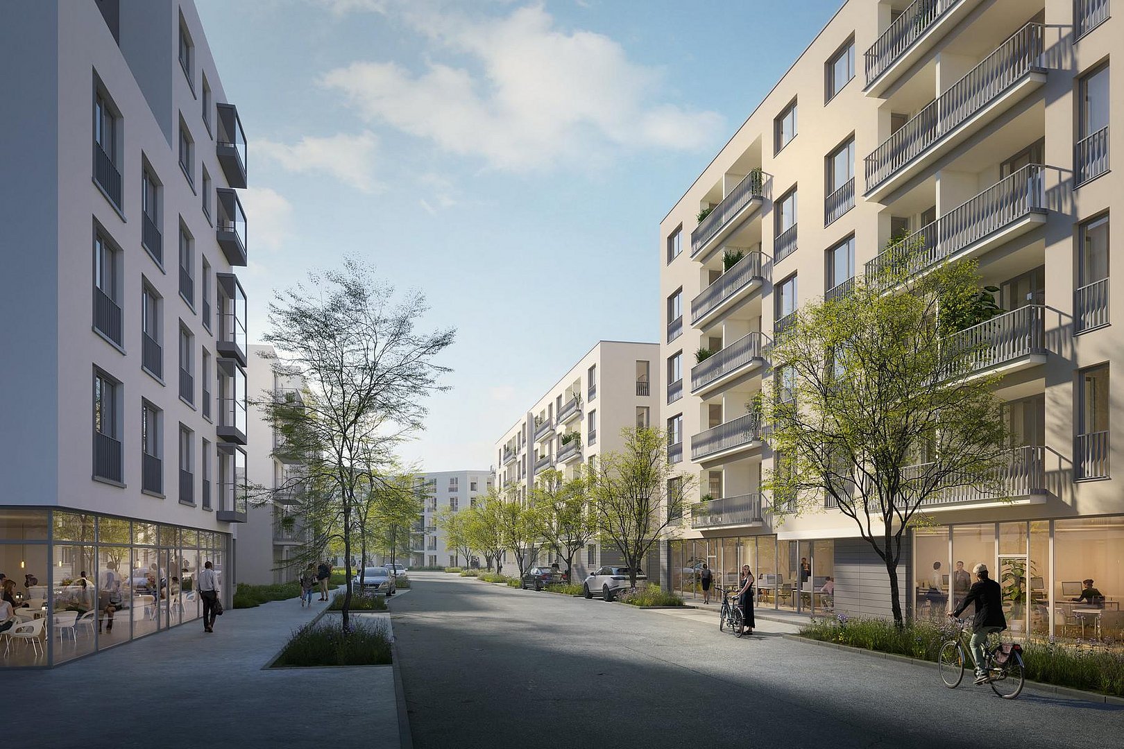 Außenansicht Visualisierung eines Neubauprojekts namens Wohnquartier joseph in Bayreuth, Ansicht verschiedener Häuserfronten in belebter Wohnsiedlung