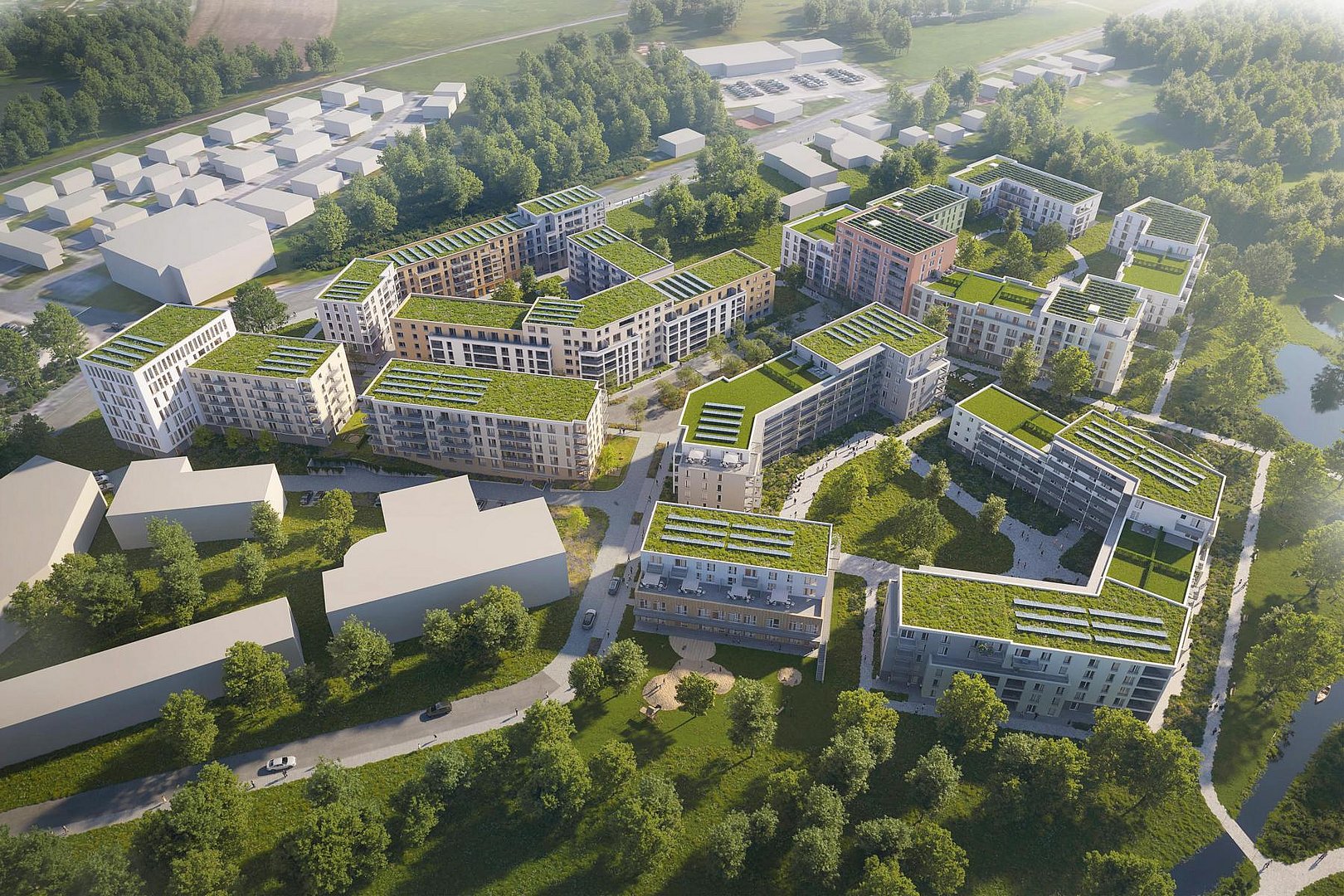 Luftaufnahme Visualisierung eines Neubauprojekts namens Wohnquartier joseph in Bayreuth, Luftbild von oben mit begrünten Dächern und Grünflächen