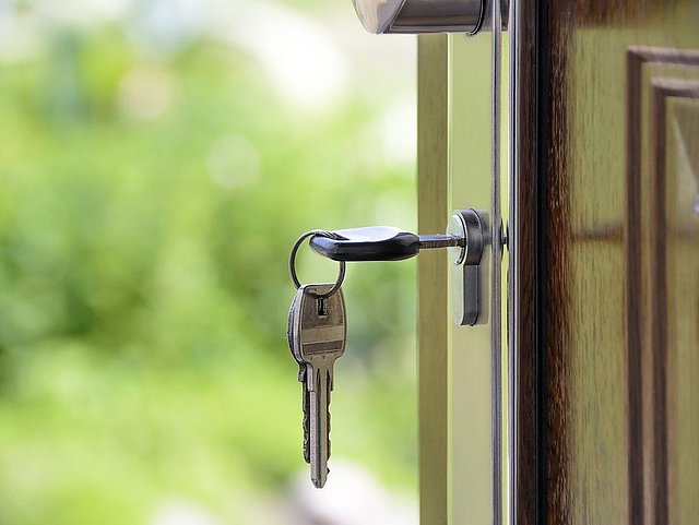 Wohnungstür mit Schlüssel Ein Schlüssel steckt in einer Tür mit Blick hinaus ins Grüne.