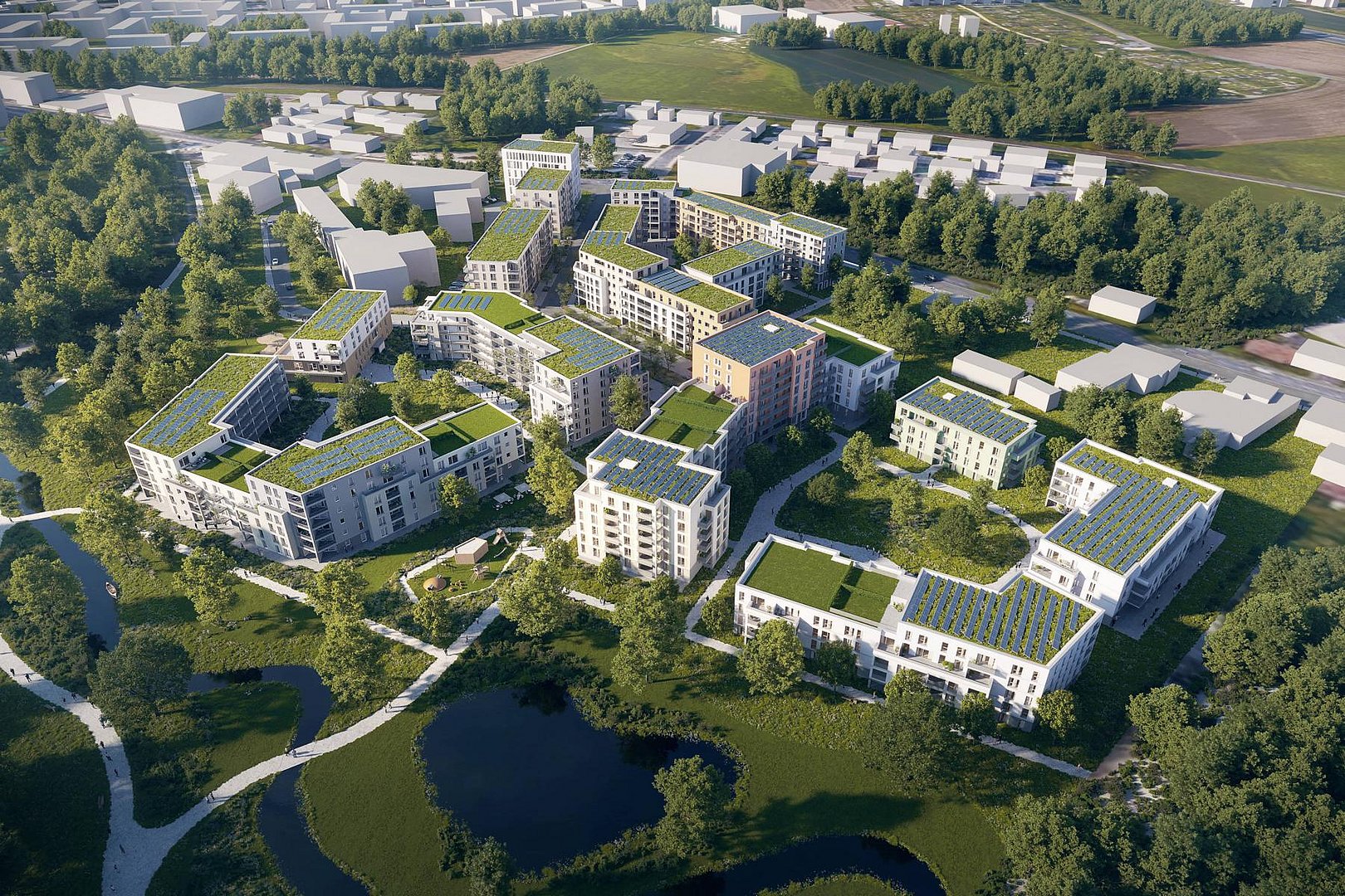 Luftaufnahme Visualisierung eines Neubauprojekts namens Wohnquartier joseph in Bayreuth, Luftbild von oben mit begrünten Dächern und Grünflächen
