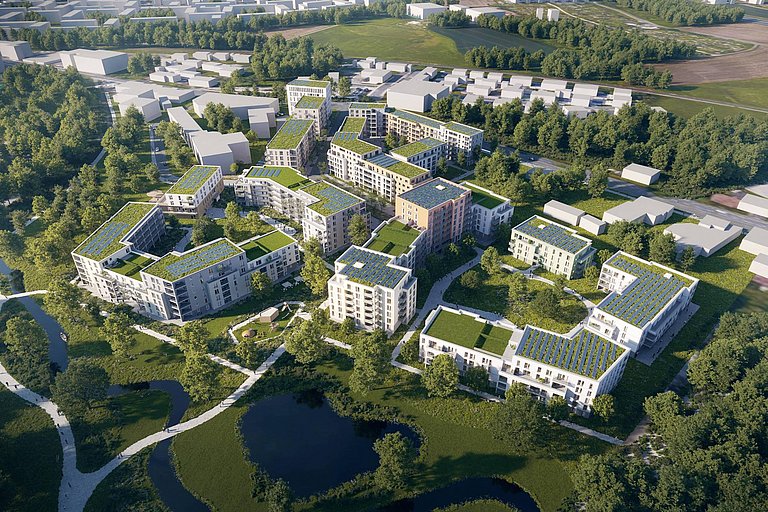 Luftaufnahme Visualisierung eines Neubauprojekts namens Wohnquartier joseph in Bayreuth, Luftbild von oben mit begrünten Dächern und Grünflächen