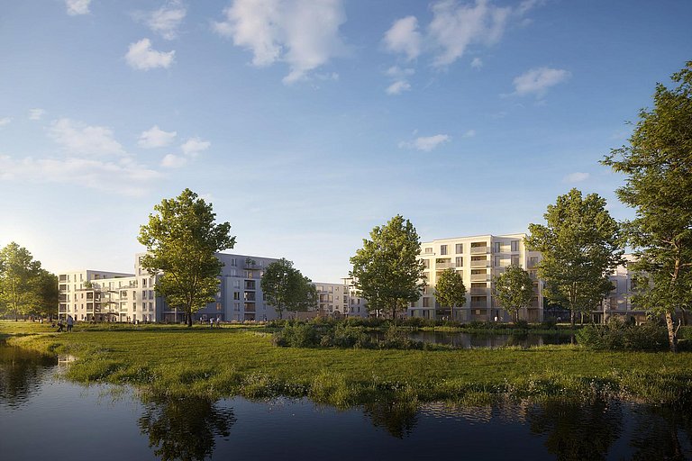 Ansicht Wohnquartier joseph Visualisierung eines Neubauprojekts namens Wohnquartier joseph in Bayreuth, seitliche Außenansicht vom Wasser aus mit grünen Wiesen und Bäumen im Vordergrund