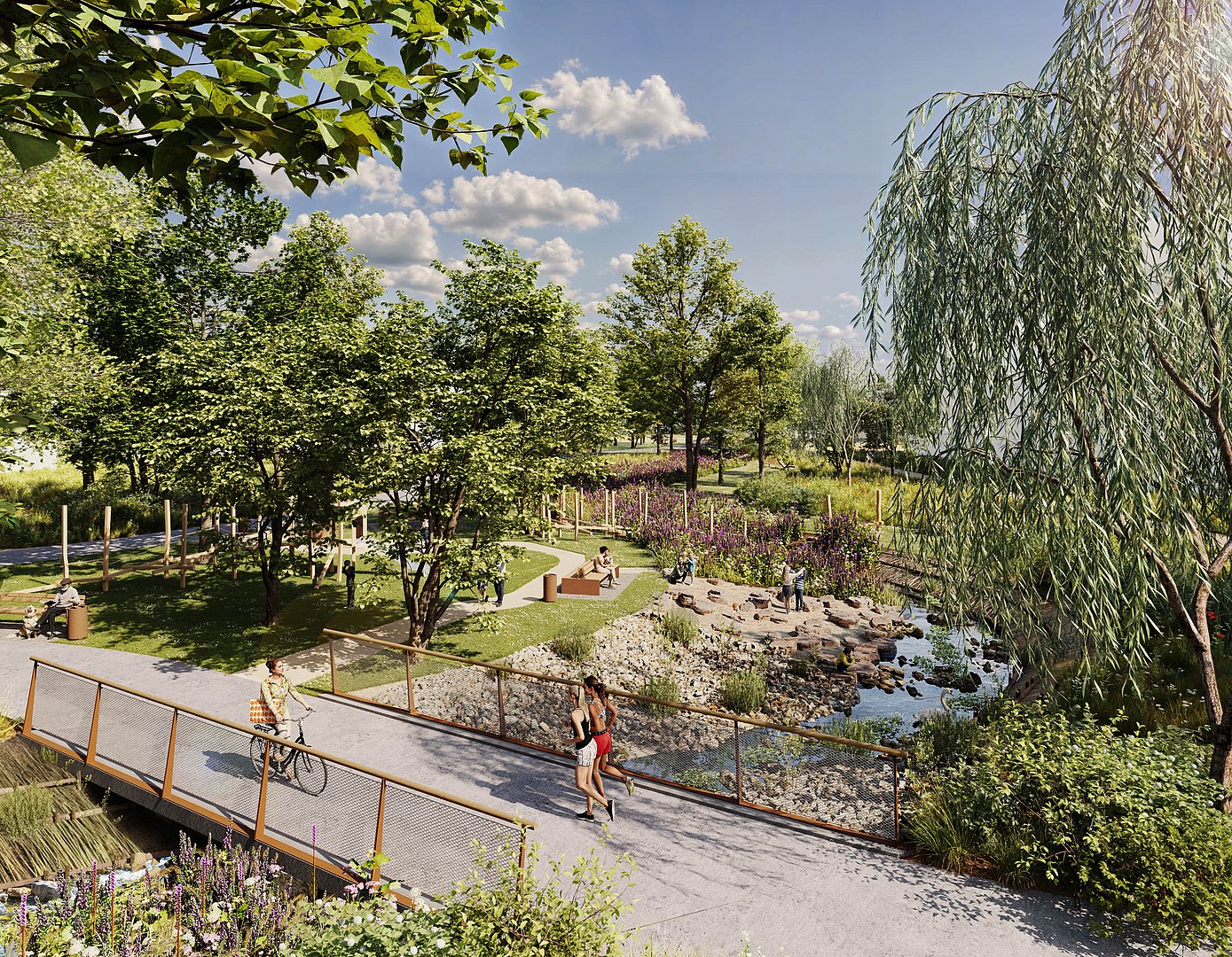 Visualisierung des Landschaftsparks für Freizeitaktivitäten im Wohnprojekt joseph in Bayreuth Visualisierung des Landschaftsparks mit Bachlauf, Brücke und Aufenthaltsbereichen beim Neubauprojekt joseph in Bayreuth