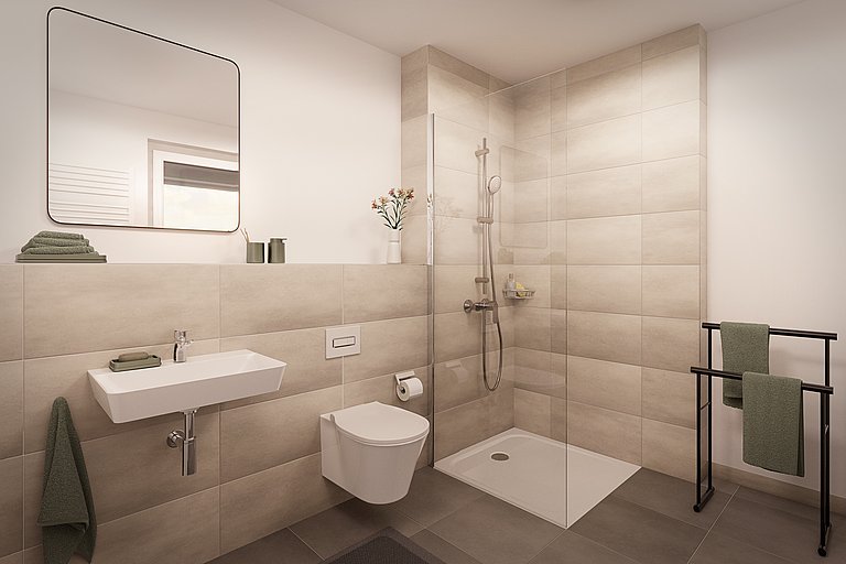 Beispiel Badezimmer im 3. Bauabschnitt Visualisierung eines modernen, minimalistischen Badezimmers mit großem weißen Waschbecken, einem weißem WC und offener Dusche
