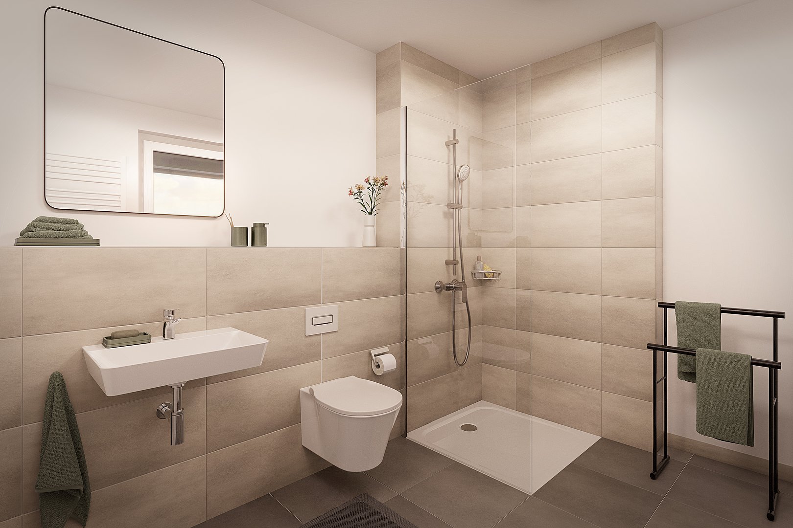 Beispiel Badezimmer im 3. Bauabschnitt Visualisierung eines modernen, minimalistischen Badezimmers mit großem weißen Waschbecken, einem weißem WC und offener Dusche