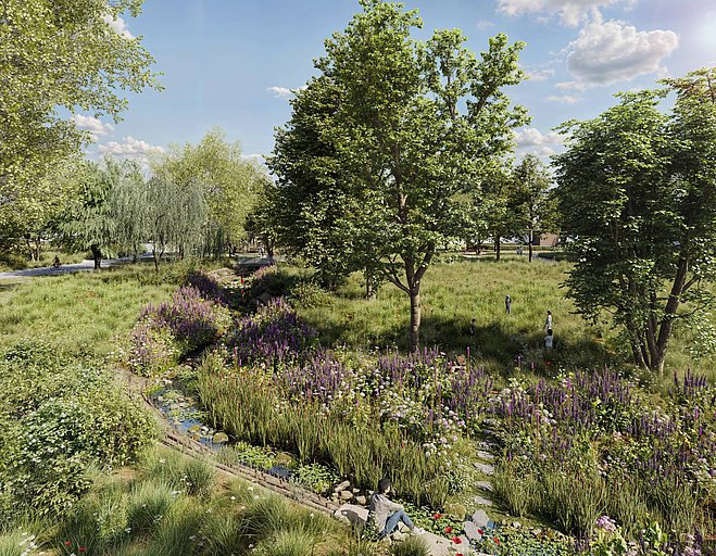 Visualisierung des Landschaftsparks in Neubauprojekt joseph in Bayreuth Visualisierung des Landschaftsparks mit Wiesen, Bäumen und Wasserlauf im Quartier joseph in Bayreuth