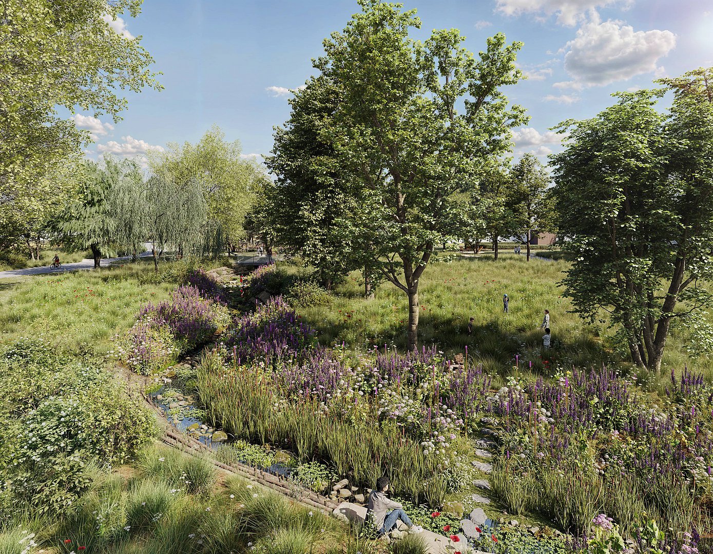 Visualisierung des Landschaftsparks in Neubauprojekt joseph in Bayreuth Visualisierung des Landschaftsparks mit Wiesen, Bäumen und Wasserlauf im Quartier joseph in Bayreuth